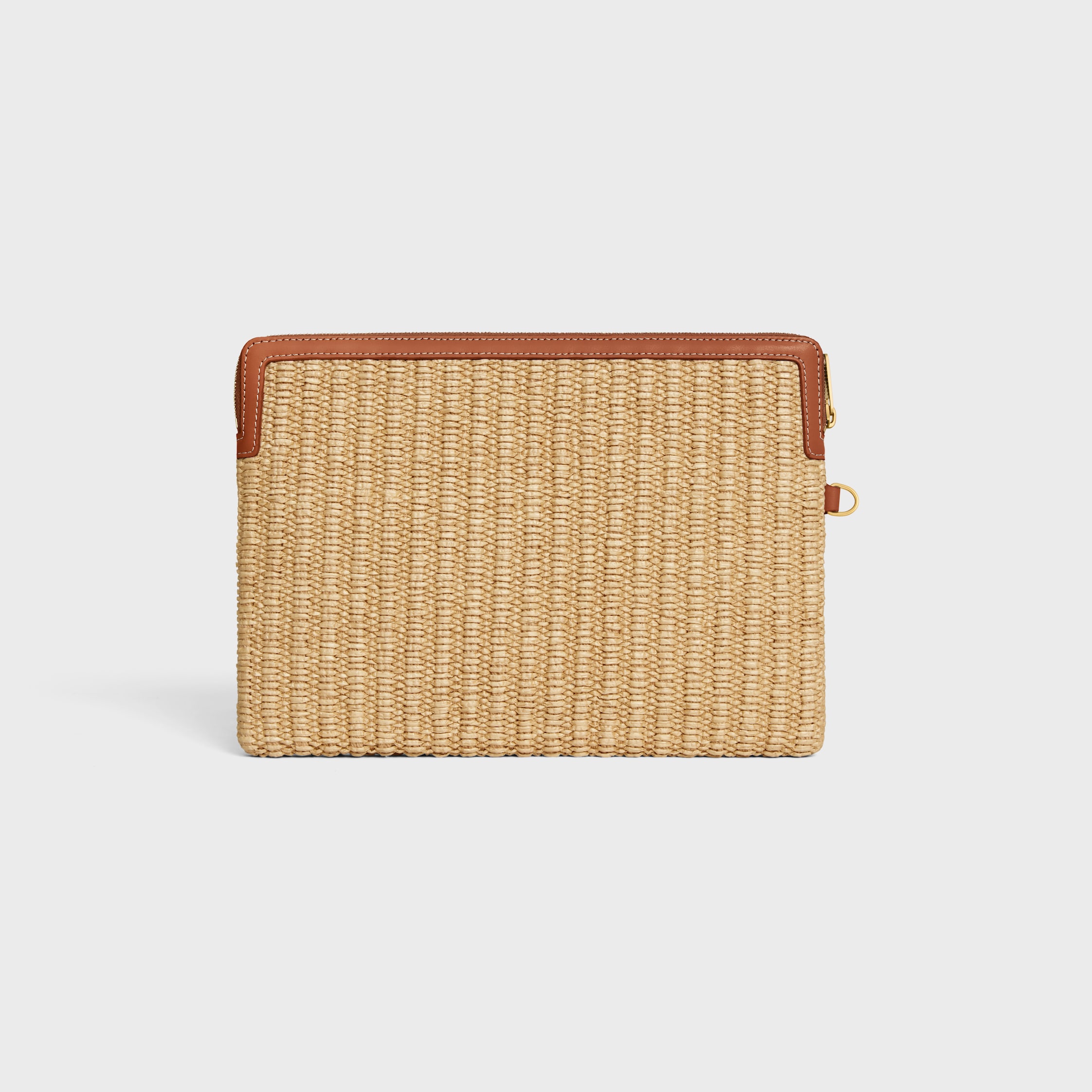 SMALL POUCH WITH STRAP IN RAFFIA EFFECT TEXTILE AND CALFSKIN - TAN