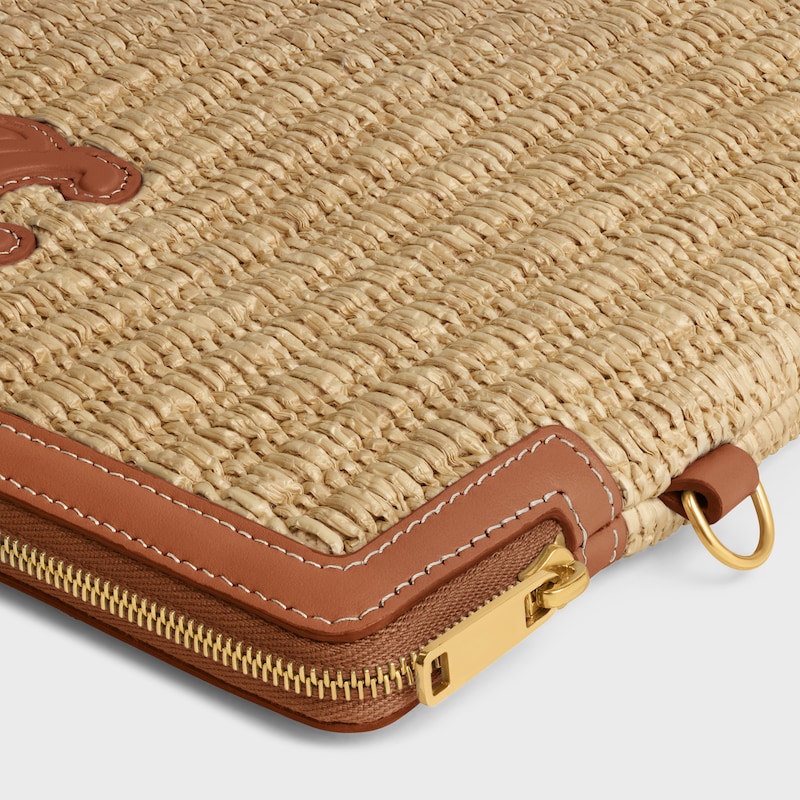SMALL POUCH WITH STRAP IN raffia effect textile and calfskin - TAN - POUCHES AND TECH ACCESSORIES - 1 | CELINE