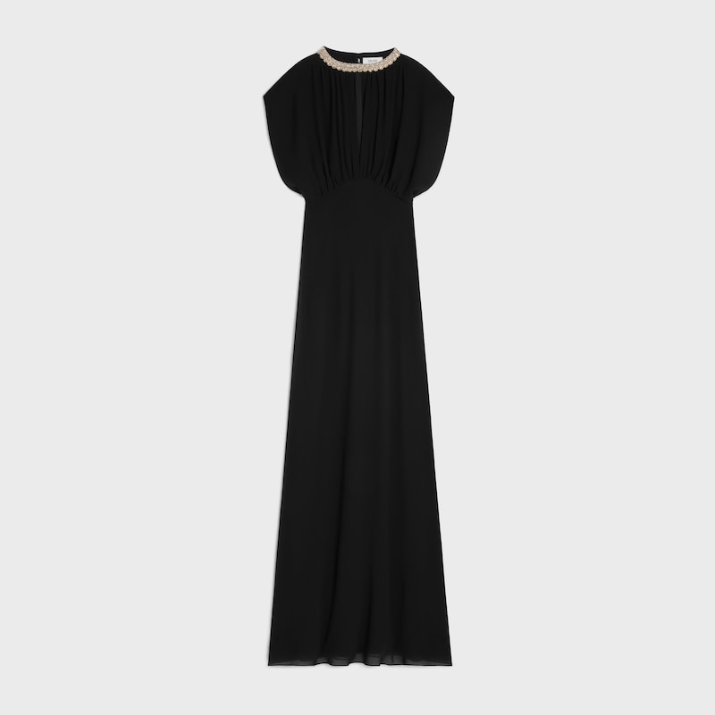 long dress with embroidered collar IN silk georgette - BLACK -  - 1 | CELINE