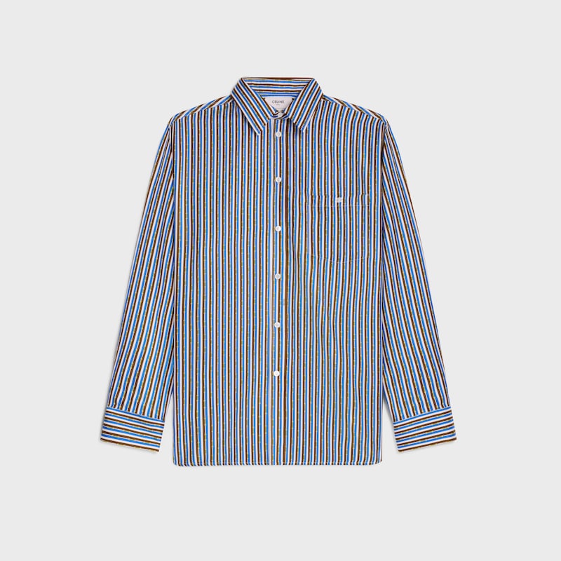 斜纹桑蚕丝超大衬衫 - 蓝色/棕色/象牙白 -  - 1 | CELINE