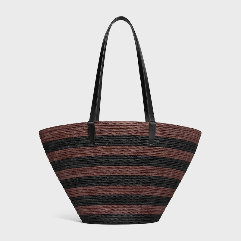 COUFFIN CELINE CLASSIC PANIER IN STRIPED RAFFIA AND CALFSKIN - BLACK / BROWN - HOBO AND TOTE BAGS - 1 | CELINE