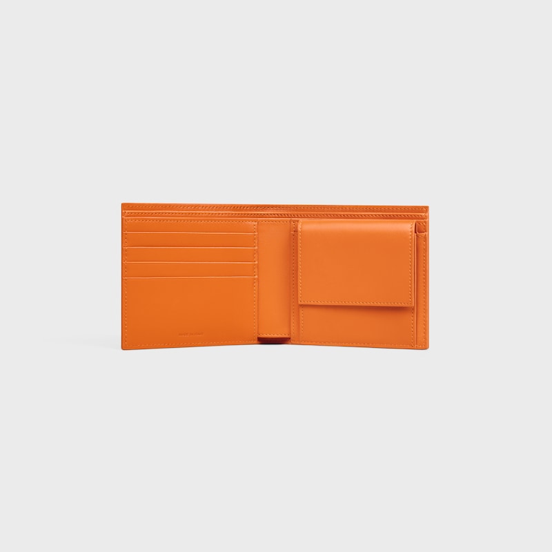 Bi-fold Wallet with Coin Compartment IN GRAINED CALFSKIN - FLUO ORANGE - WALLETS - 1 | CELINE
