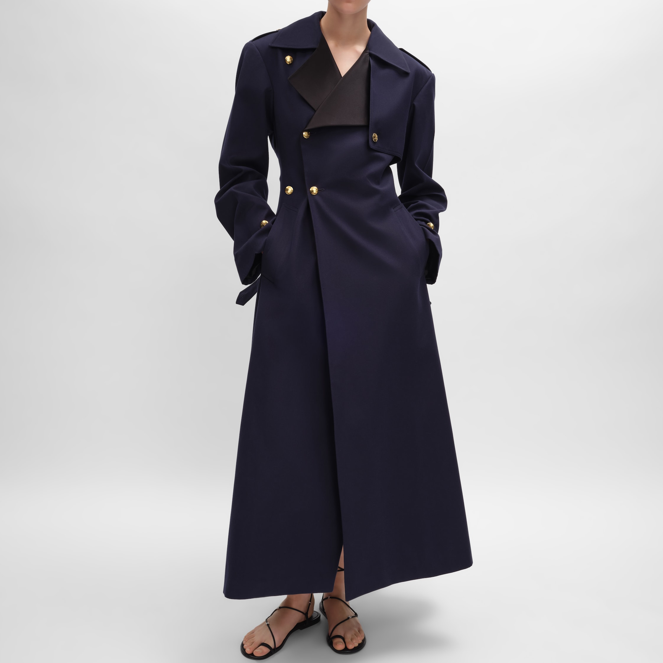 セリーヌ　ネイビー トレンチコート 約約107センチ タックストレンチコート / コットン＆ウールギャバジン - インク | CELINE