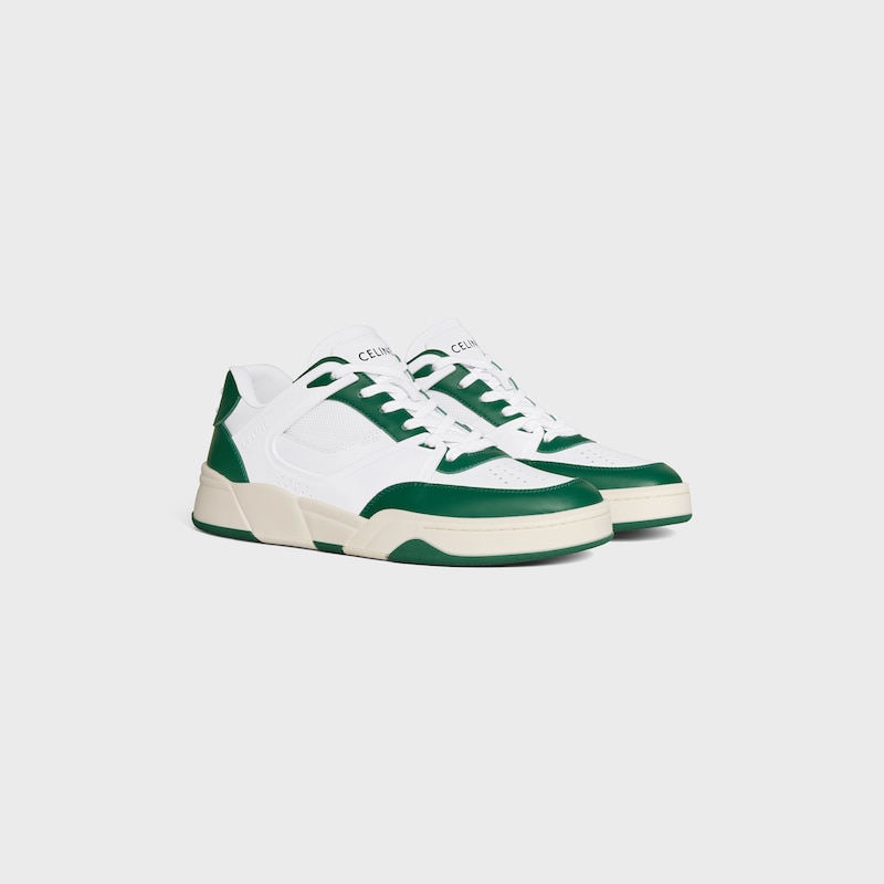 CELINE TRAINER CT-09 LOW LACE-UP SNEAKER IN CALFSKIN AND MESH - Optic White/Dark Green/Beige -  - 1 | CELINE