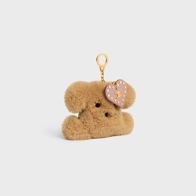 TRIOMPHE POM-POM CHARM IN Embroidered Shearling and Calfskin - BROWN / PINK - CHARMS AND ACCESSORIES - 1 | CELINE