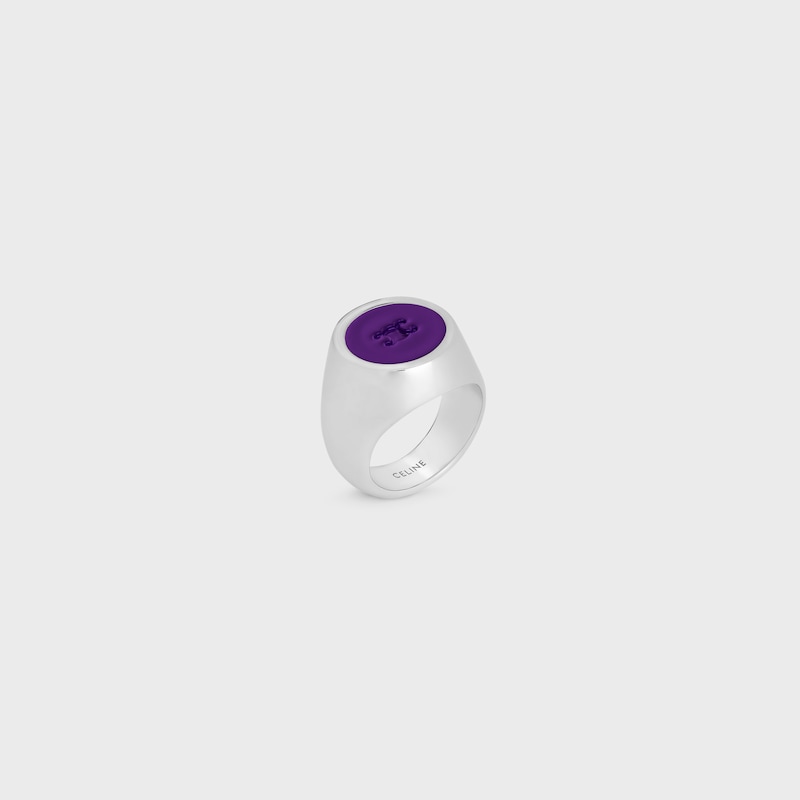 Triomphe Signet Ring in Varnish and Brass with Rhodium Finish - SILVER / PURPLE -  - 1 | CELINE