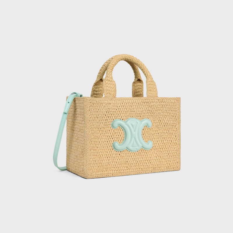 SMALL CABAS THAIS IN Raffia and calfskin - LIGHT ACQUA - HOBO AND TOTE BAGS - 1 | CELINE