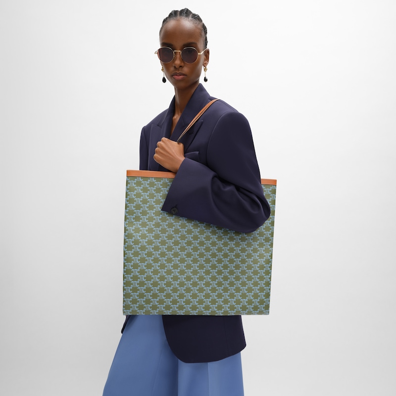 LARGE FLAT SHOPPER IN Triomphe Canvas - LIGHT KAKI / SKY BLUE - TOP-HANDLE BAGS - 1 | CELINE