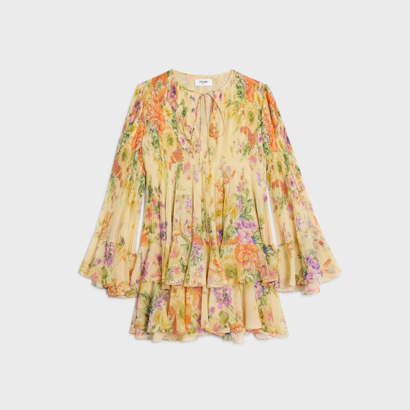 mini pleated dress IN silk georgette - PALE YELLOW/MULTICOLOR -  - 1 | CELINE