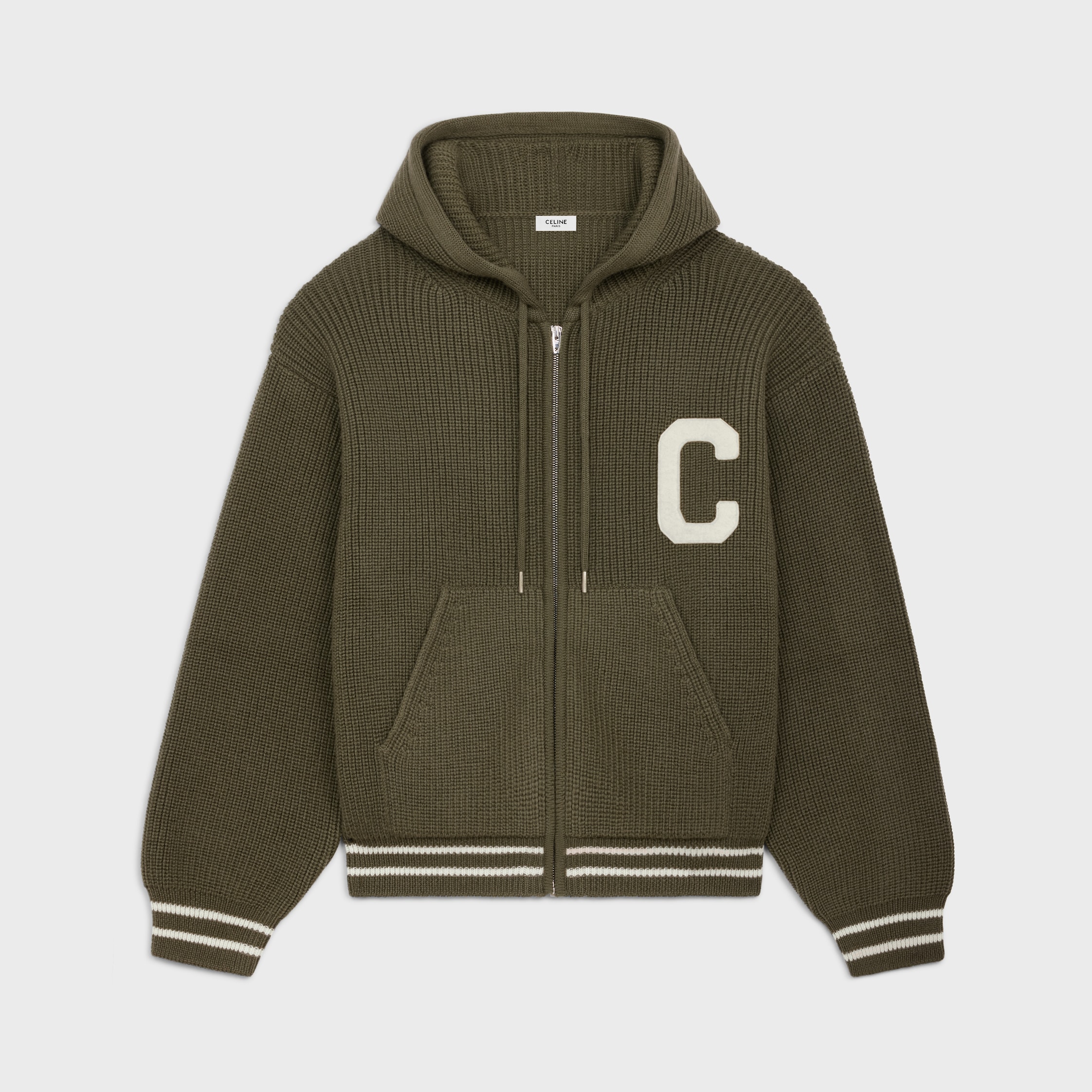 トップス RV00V830I.07MR COLLEGE HOODED SWEATER college hooded sweater in wool - KHAKI | CELINE