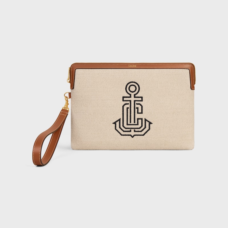SMALL POUCH WITH STRAP IN TEXTILE WITH ANCHOR EMBROIDERY AND CALFSKIN - NATURAL / TAN - POUCHES AND TECH ACCESSORIES - 1 | CELINE