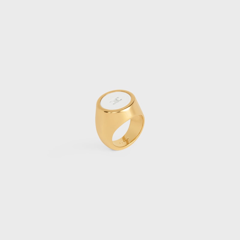 Triomphe Signet Ring in Varnish and Brass with Gold Finish - IVORY / GOLD -  - 1 | CELINE