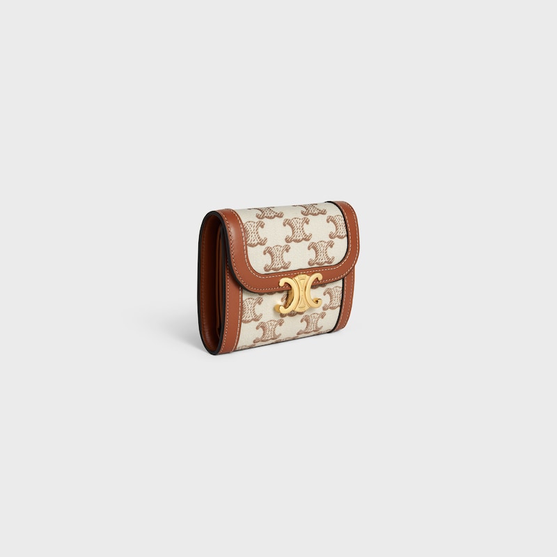 Small Flap Wallet TRIOMPHE in TEXTILE WITH TRIOMPHE PRINT AND CALFSKIN - WHITE - WALLETS - 1 | CELINE