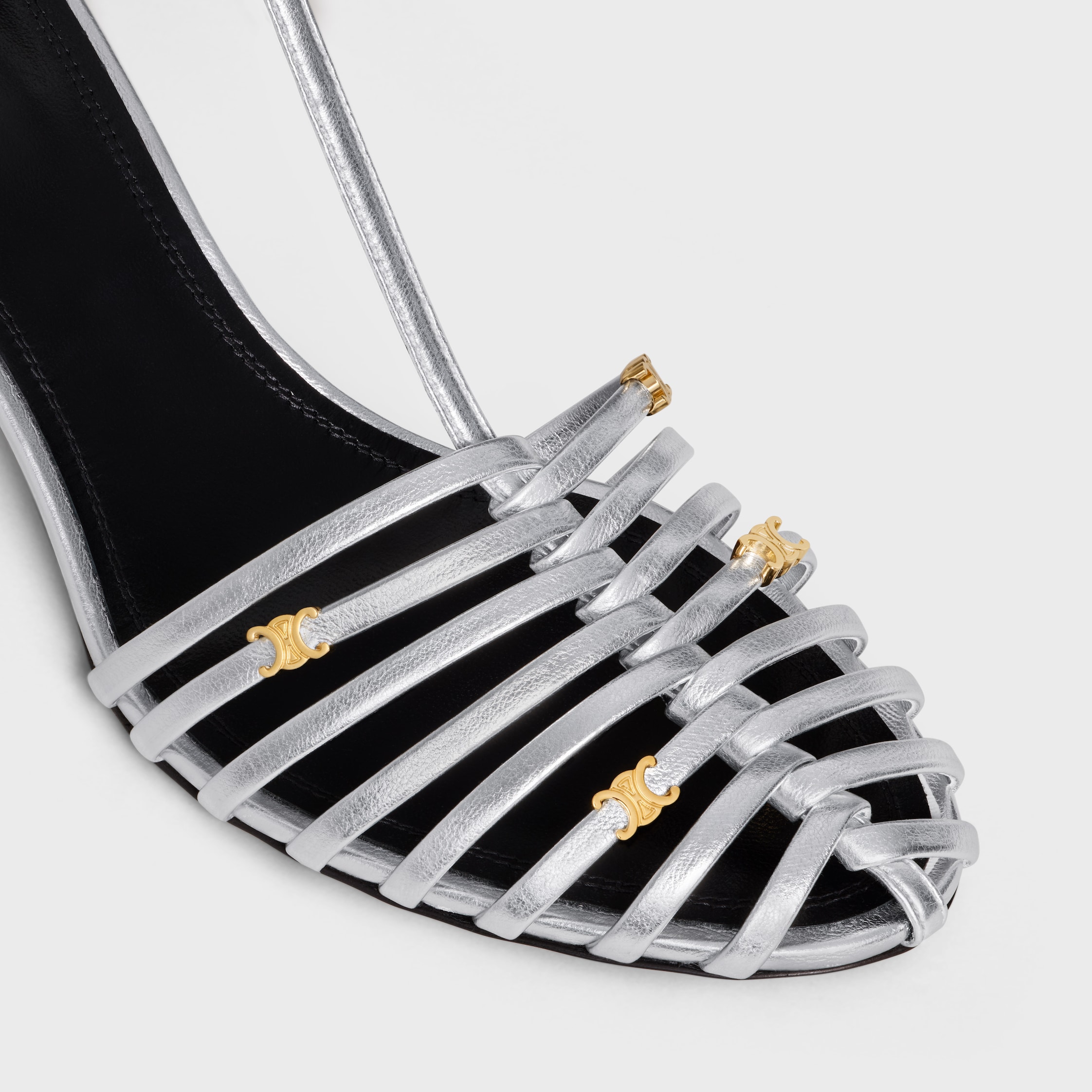 CAGE HEELED SANDAL IN LAMINATED LAMBSKIN - SILVER | CELINE