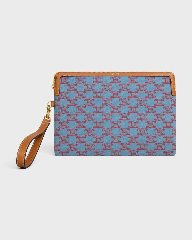 SMALL POUCH WITH STRAP CUIR TRIOMPHE IN TEXTILE WITH TRIOMPHE ALL OVER - DENIM BLUE / RED - NEW - 1 | CELINE