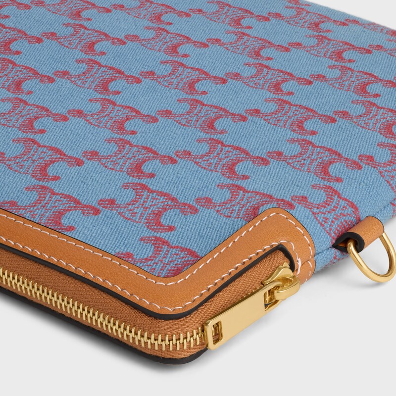 SMALL POUCH WITH STRAP CUIR TRIOMPHE IN TEXTILE WITH TRIOMPHE ALL OVER - DENIM BLUE / RED - NEW - 1 | CELINE