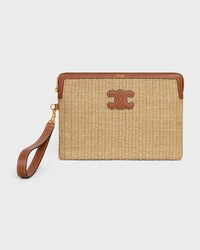 스몰 스트랩 파우치 - 라피아 이펙트 텍스타일 & 카프스킨 - 탠 - NEW - 1 | CELINE