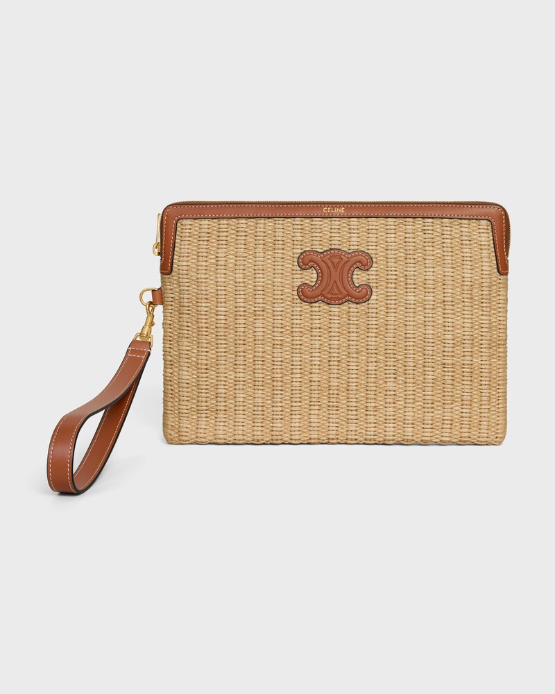 SMALL POUCH WITH STRAP IN raffia effect textile and calfskin - TAN - POUCHES - 1 | CELINE