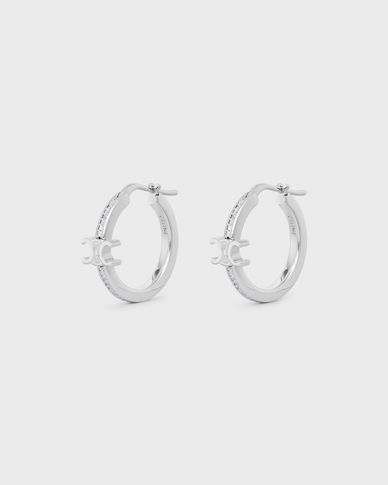 Triomphe Sparkle Hoops in Strass and Brass with Rhodium Finish - SILVER - EARRINGS - 1 | CELINE