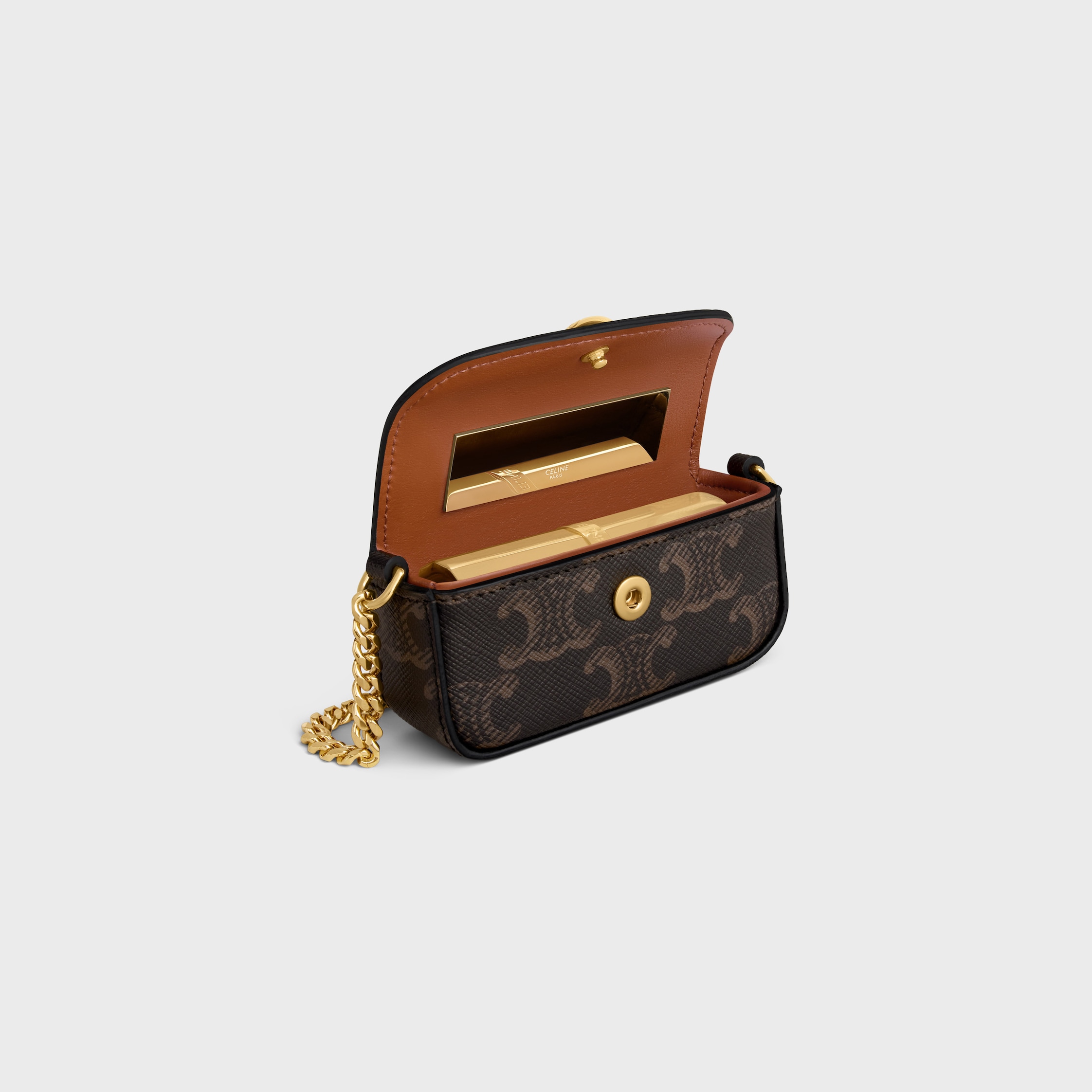 セリーヌリップスティクケース LIPSTICK CASE ON CHAIN IN TRIOMPHE CANVAS - BLACK / TAN | CELINE