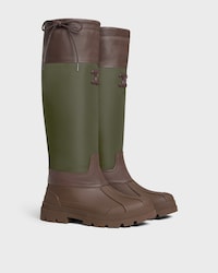 celine riley HIGH BOOT IN Nylon and Calfskin - Dark Brown / Khaki -  - 2 | CELINE