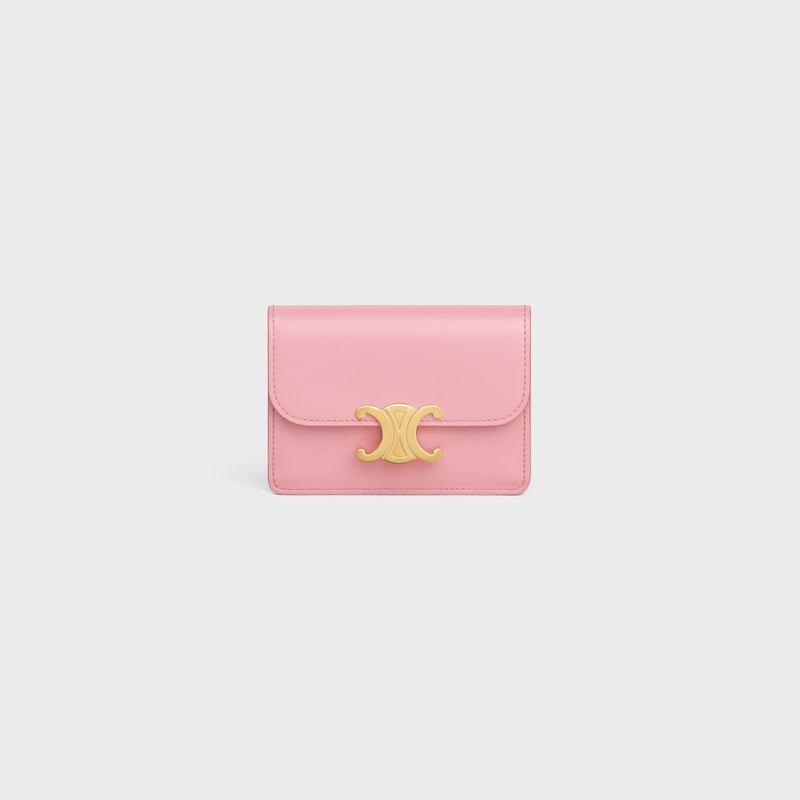 CARD HOLDER WITH FLAP TRIOMPHE in Shiny calfskin - ROSE - CARD HOLDERS - 1 | CELINE