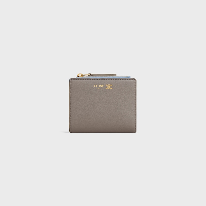 COMPACT WALLET TRIOMPHE STAMP IN SUPPLE GRAINED CALFSKIN - PEBBLE / LIGHT BLUE - WALLETS - 1 | CELINE