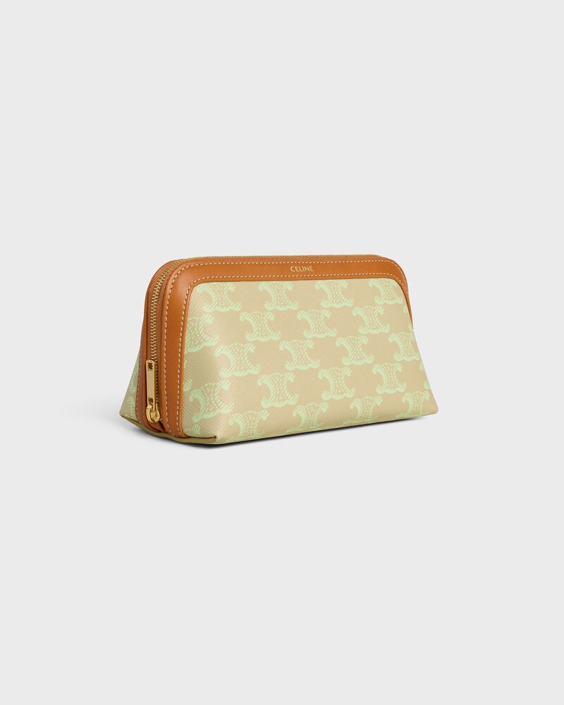 Pochette Cosm&eacute;tique Petit Mod&egrave;le Toile Triomphe et Veau - BEIGE SABLE/ VERT LIME - VOYAGE - 1 | CELINE
