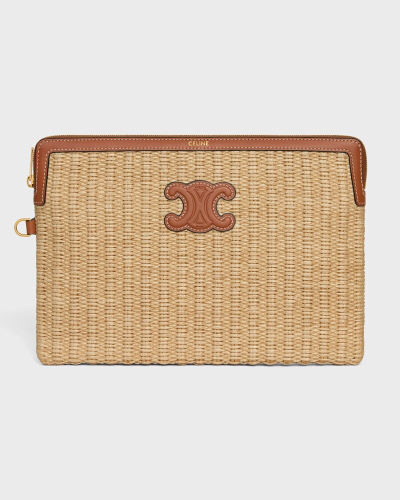 SMALL POUCH WITH STRAP IN raffia effect textile and calfskin - TAN - POUCHES - 1 | CELINE