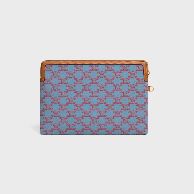 SMALL POUCH WITH STRAP CUIR TRIOMPHE IN TEXTILE WITH TRIOMPHE ALL OVER - DENIM BLUE / RED - NEW - 1 | CELINE