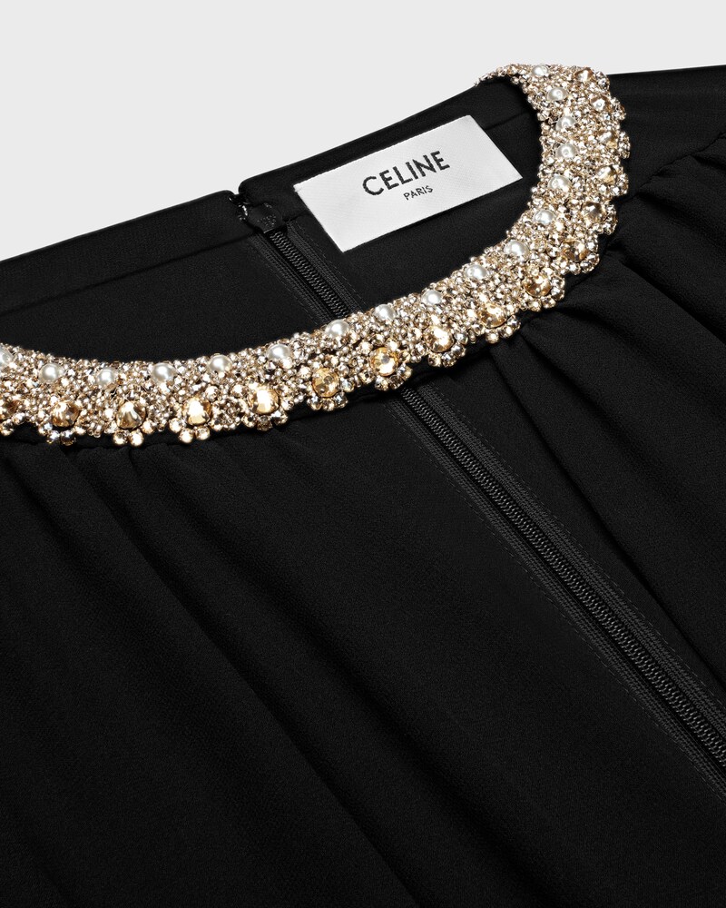 long dress with embroidered collar IN silk georgette - BLACK -  - 1 | CELINE