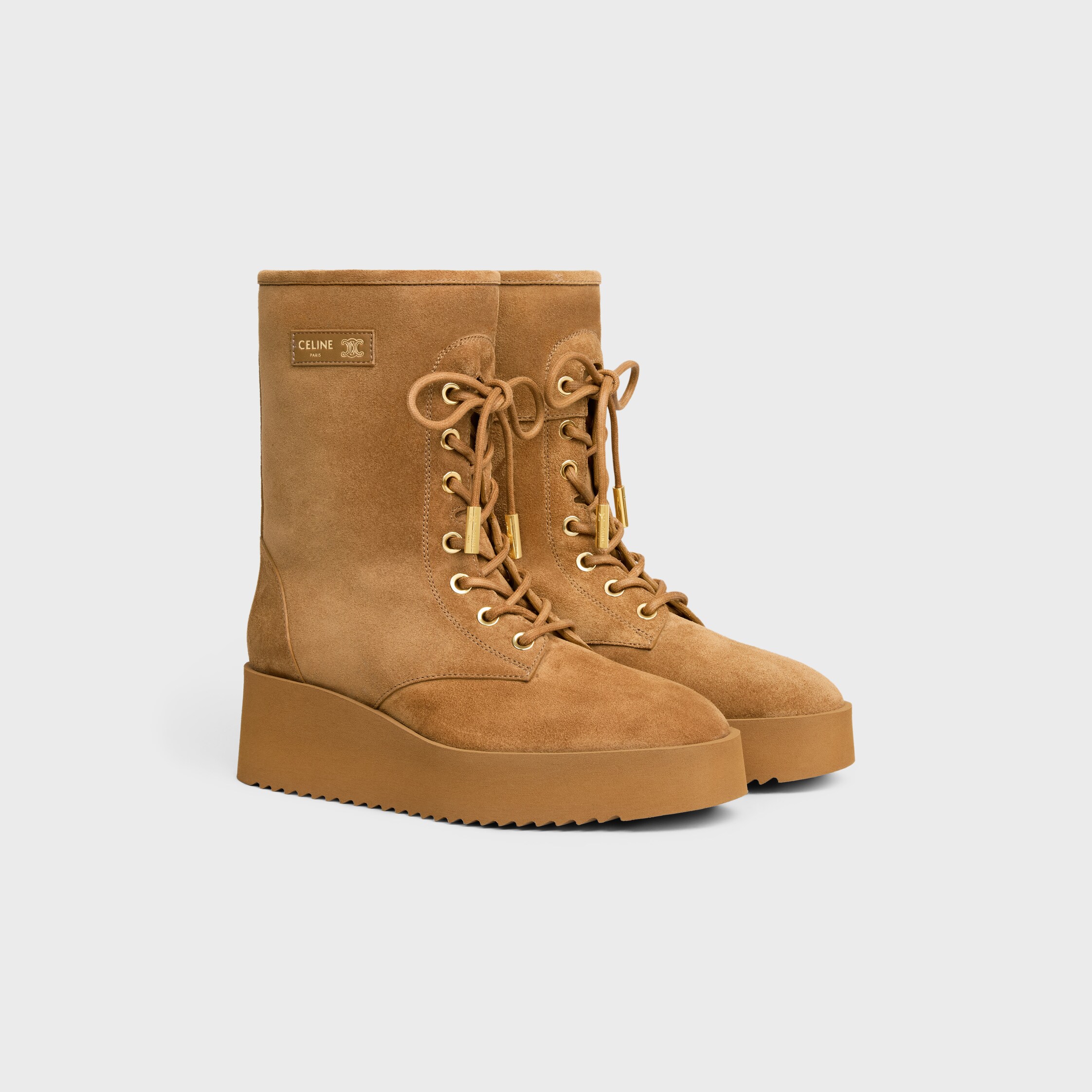 AUSTIN LACE-UP BOOT IN SUEDE CALFSKIN AND SHEARLING - HAVANA | CELINE