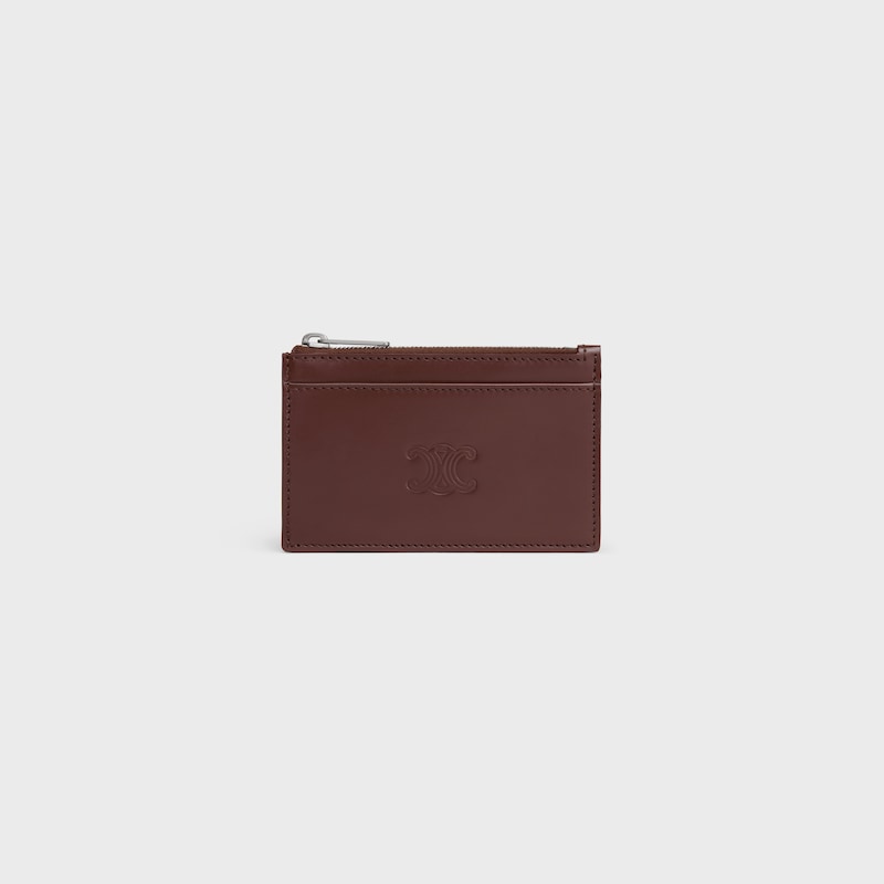 Zipped Card Holder in Satinated calfskin with triomphe embossed - CHESTNUT - COIN HOLDERS - 1 | CELINE