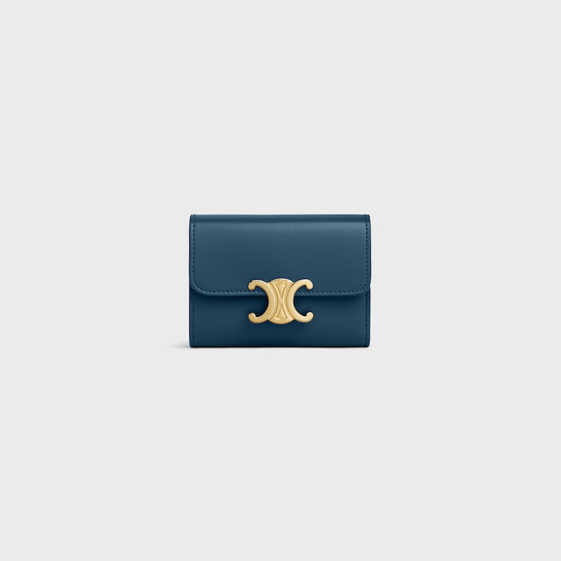COMPACT WALLET WITH COIN TRIOMPHE IN Shiny calfskin - TEAL BLUE - WALLETS - 1 | CELINE