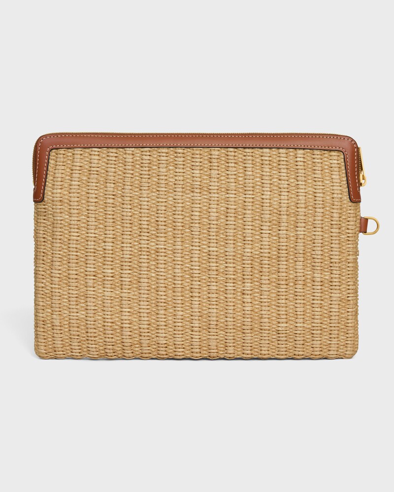 SMALL POUCH WITH STRAP IN raffia effect textile and calfskin - TAN - POUCHES - 1 | CELINE