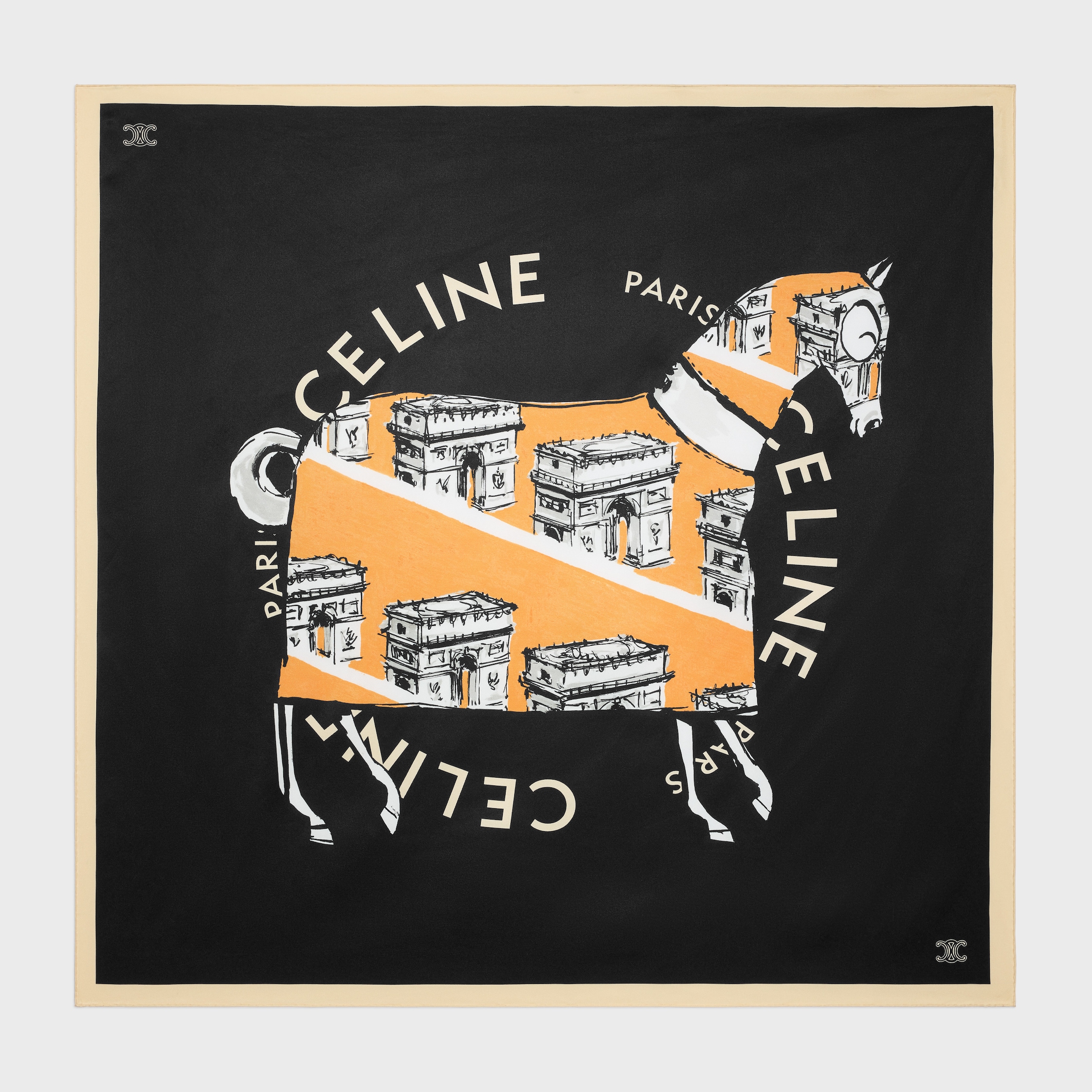 SQUARE IN CELINE HORSE SILK TWILL - BLACK/ORANGE/OFFWHITE | CELINE