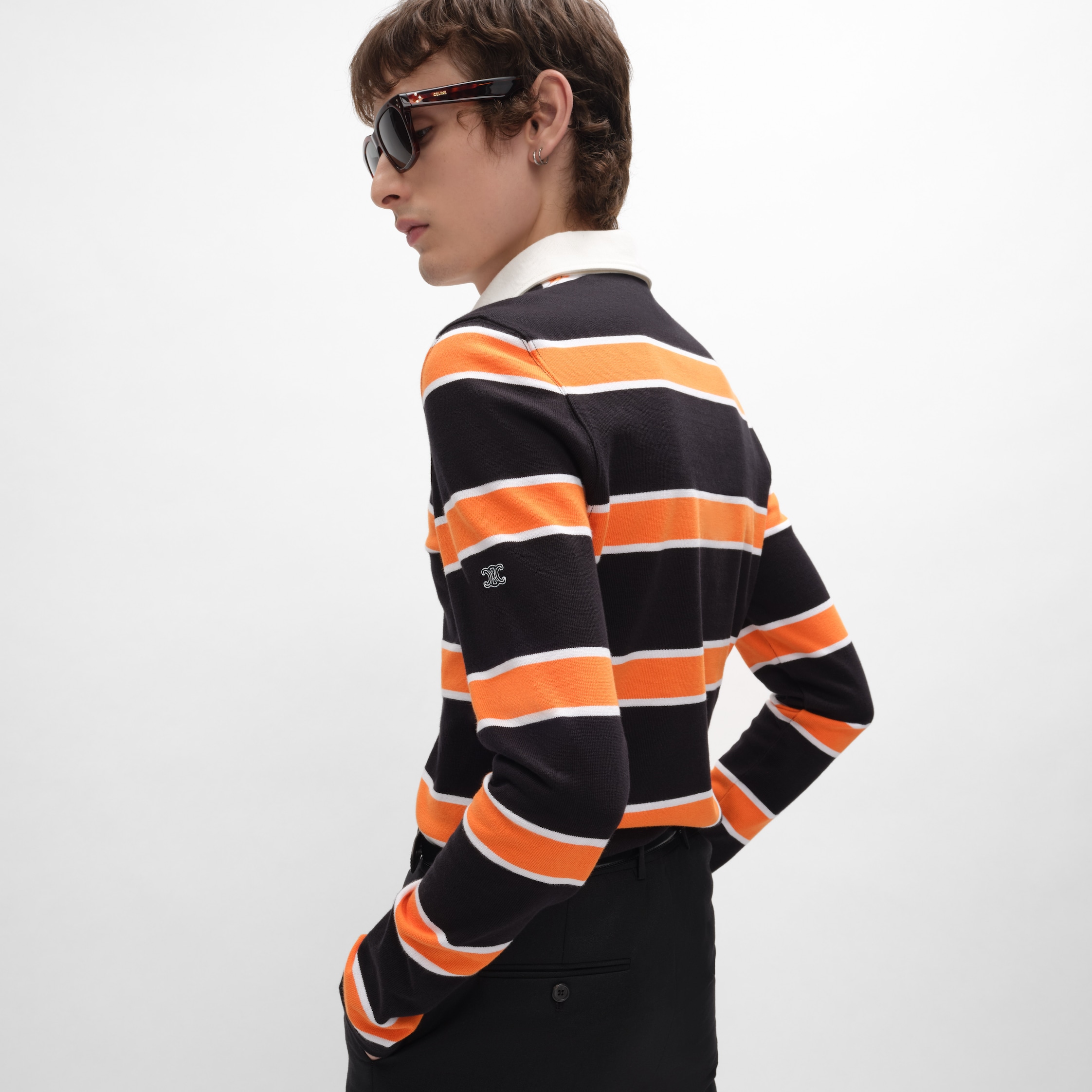 POLO SHIRT IN STRIPED COTTON JERSEY - BLACK/WHITE/ORANGE | CELINE