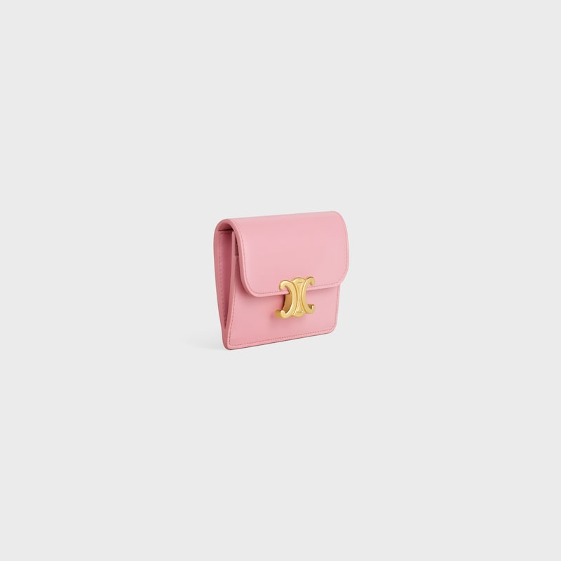 CARD HOLDER WITH FLAP TRIOMPHE in Shiny calfskin - ROSE - CARD HOLDERS - 1 | CELINE