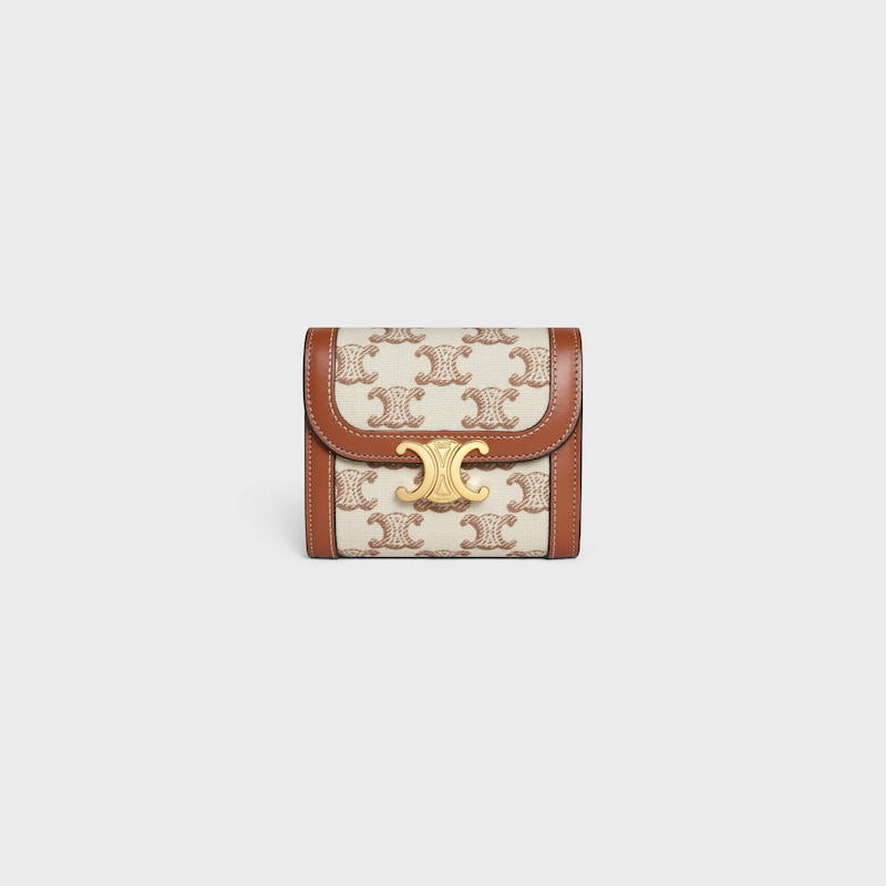 Small Flap Wallet TRIOMPHE in TEXTILE WITH TRIOMPHE PRINT AND CALFSKIN - WHITE - WALLETS - 1 | CELINE