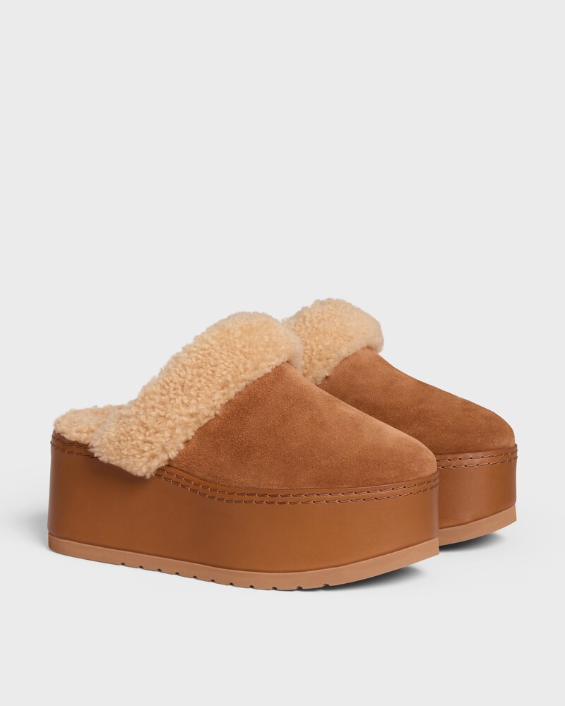 CELINE DANA WEDGE MULE in SUEDE CALFSKIN AND SHEARLING - COGNAC -  - 1 | CELINE