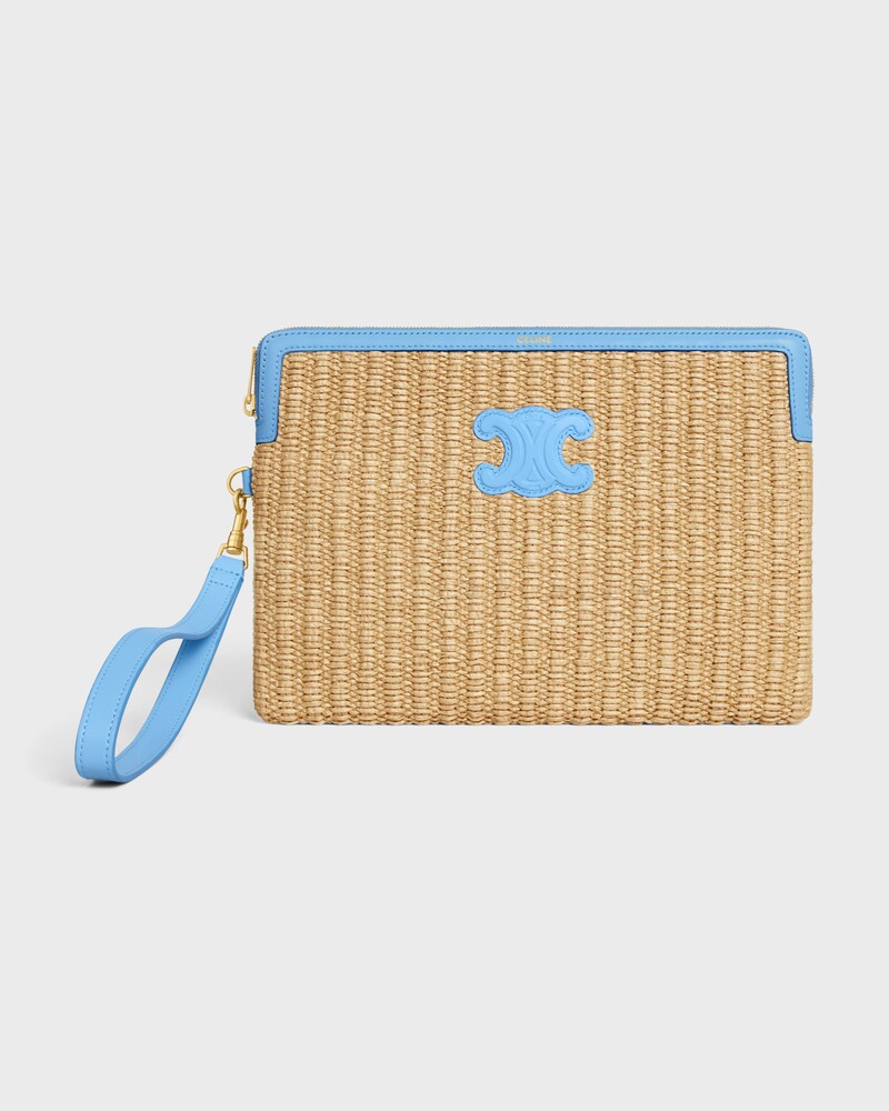 SMALL POUCH WITH STRAP IN raffia effect textile and calfskin - SKY BLUE - NEW - 1 | CELINE