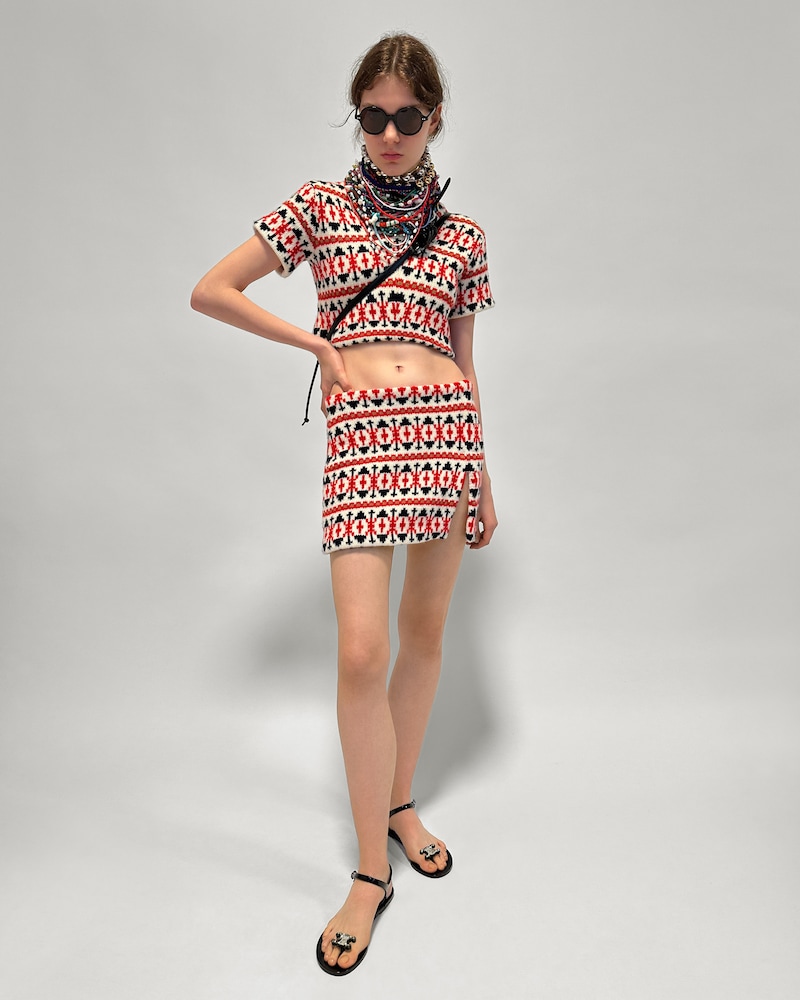 mini skirt IN FAIR ISLE WOOL AND CASHMERE - WHITE / BLUE / RED -  - 1 | CELINE