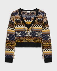 JERSEY CON CUELLO EN V DE CACHEMIRA CON JACQUARD - MARRÓN / GRIS -  - 1 | CELINE