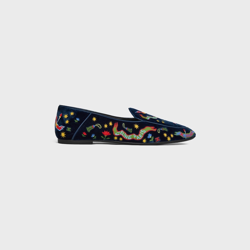 MOCASSIN AURA EN VELOURS BROD&Eacute; MOTIF UNIVERSIT&Eacute; - BLEU NUIT -  - 1 | CELINE