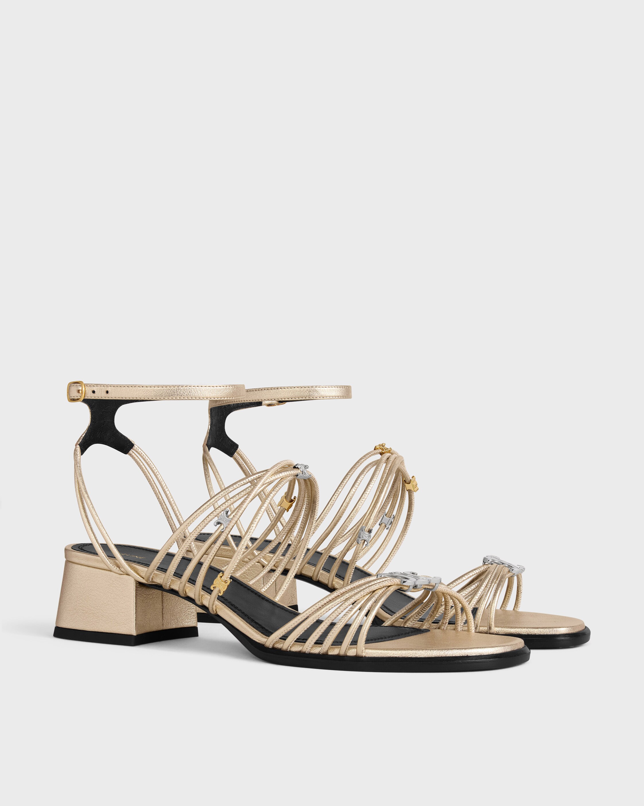 CLÉMENCE HEELED SANDAL IN LAMINATED LAMBSKIN - PLATINIUM | CELINE