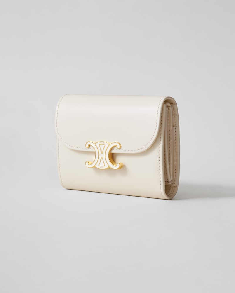 Small Flap Wallet TRIOMPHE IN Shiny calfskin and enamel - CREAMY WHITE - WALLETS - 1 | CELINE