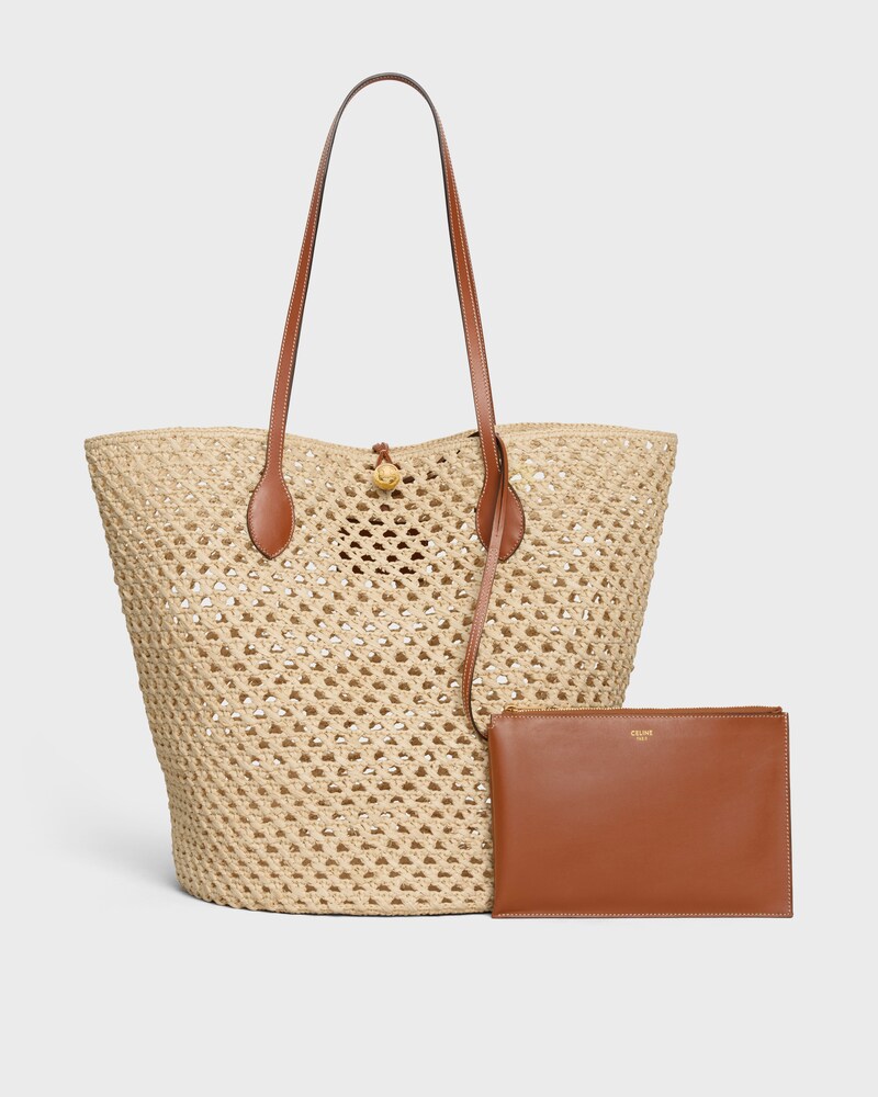 BUCKET TRIOMPHE BEADS BASKET IN RAFFIA AND CALFSKIN - TAN - PANIER - 1 | CELINE