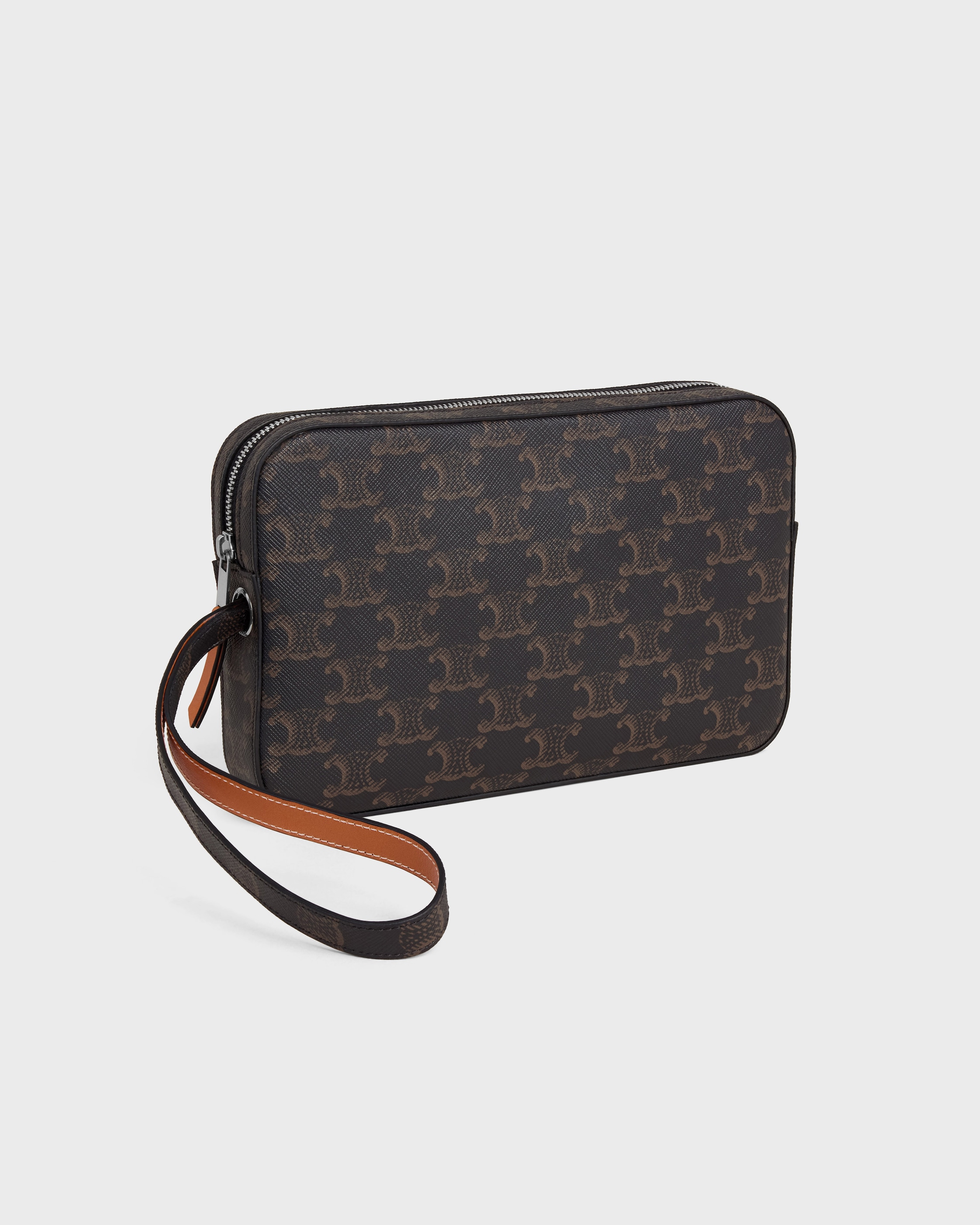 POUCH WITH STRAP IN TRIOMPHE CANVAS AND CALFSKIN - TAN | CELINE
