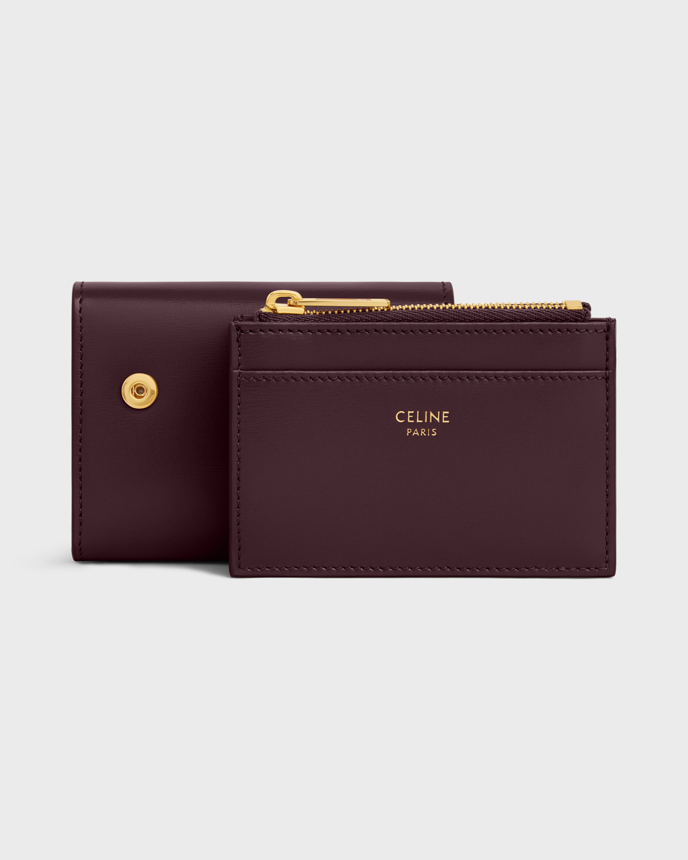 CELINE コンパクトウォレット 三つ折り財布 ディープバーガンディ　箱無し コイン入れ付きコンパクトウォレット トリオンフ / シャイニーカーフ