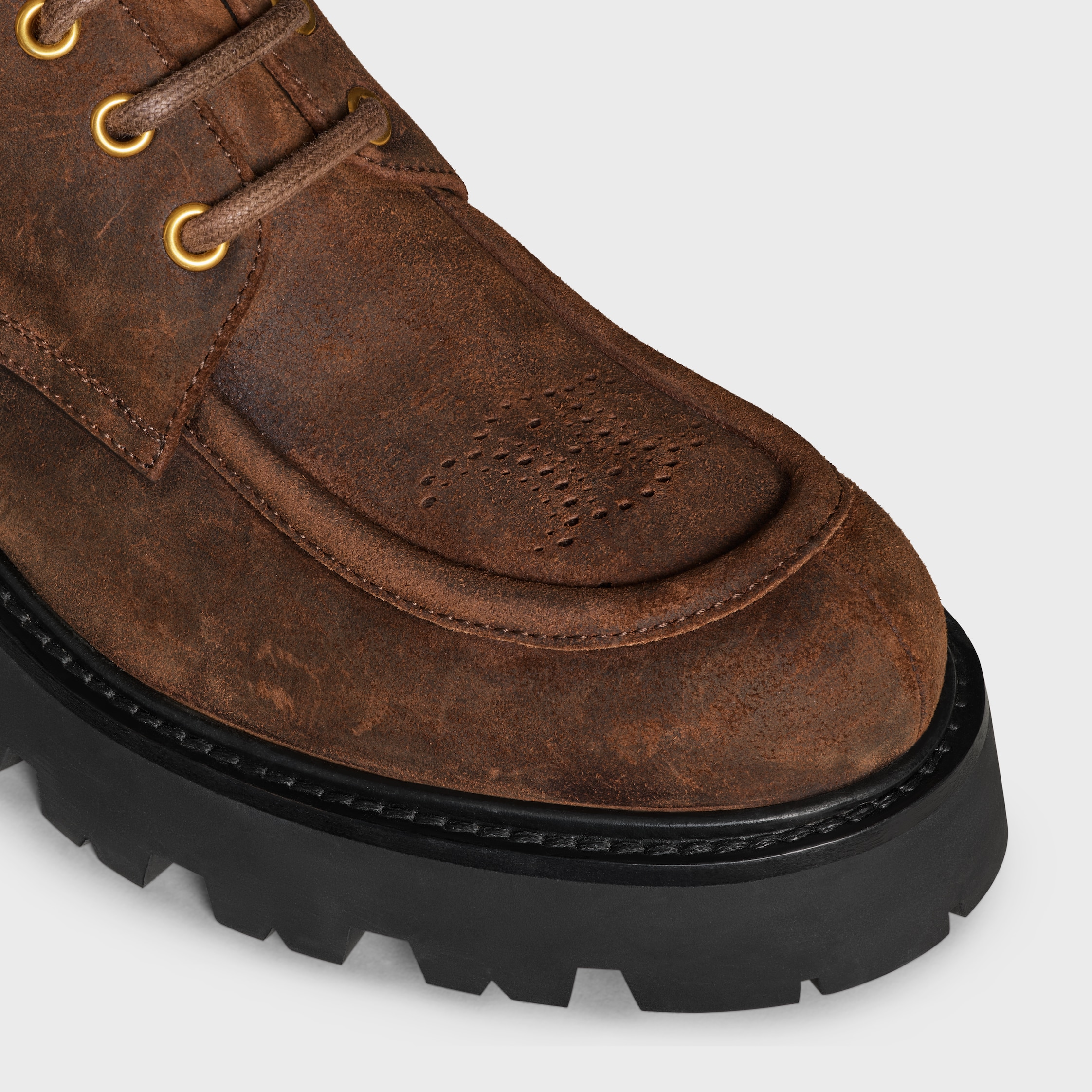 CELINE TRIOMPHE DERBIES IN WAXED SUEDE CALFSKIN - DARK BROWN | CELINE